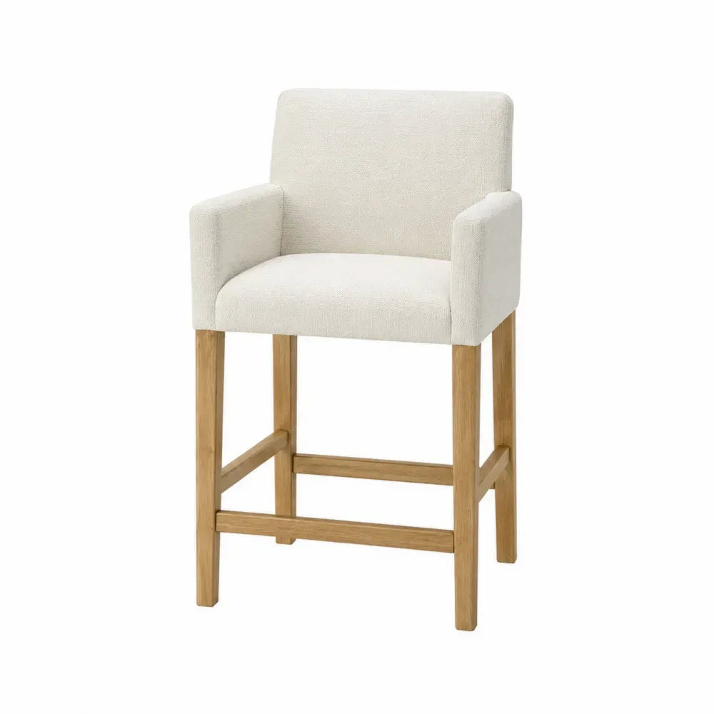 Taburete de bar con brazos respaldo rectangular tapizado en poliéster madera maciza natural y beige 95 cm