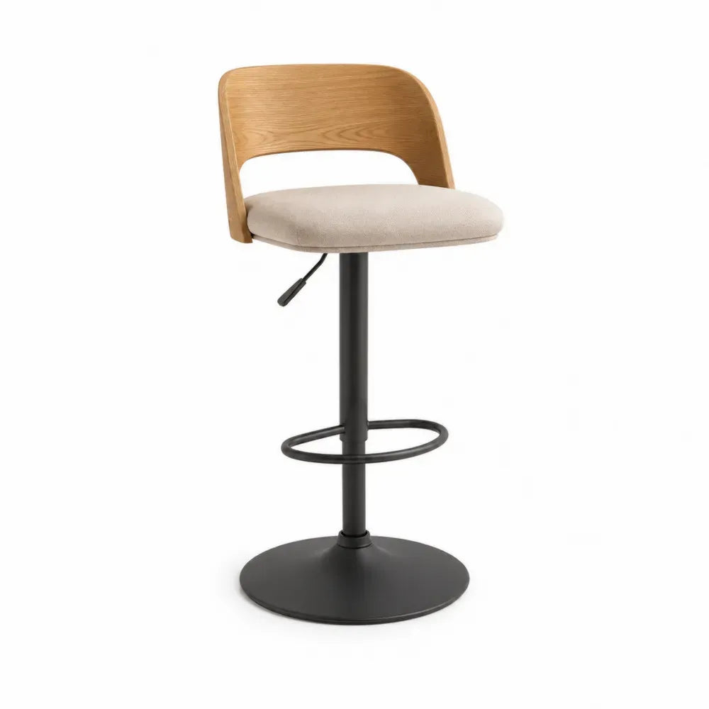Taburete de bar regulable y giratorio con respaldo de madera asiento tapizado beige base metálica negra 85-105 cm