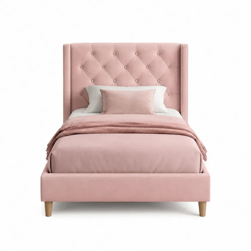 cama individual tapizada en color rosa empolvado con cabecero acolchado capitoné estructura de madera con patas 200 cm x 90 cm