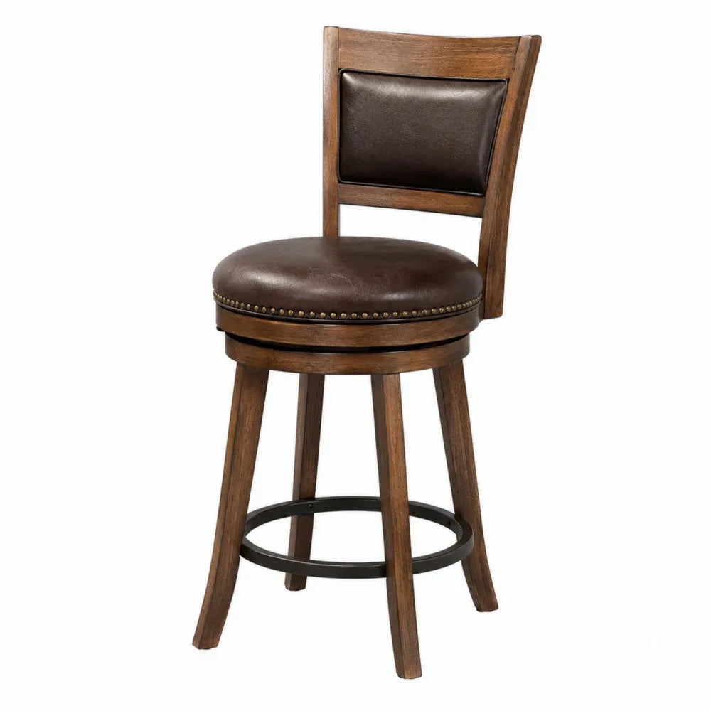 Taburete de bar con respaldo de madera asiento redondo tapizado en PU marrón estructura de roble 108 cm