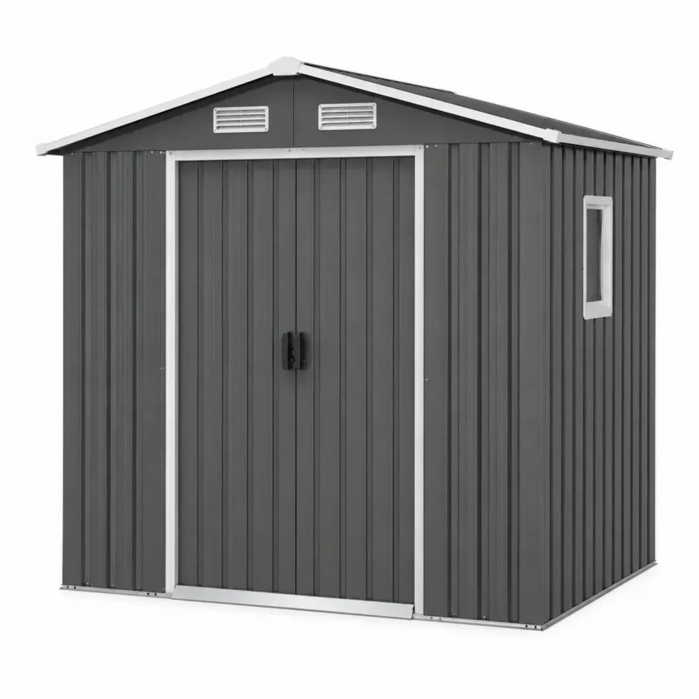 Caseta de almacenamiento exterior rectangular de acero galvanizado gris oscuro con puerta doble y techo a dos aguas 210 x 130 x 185 cm