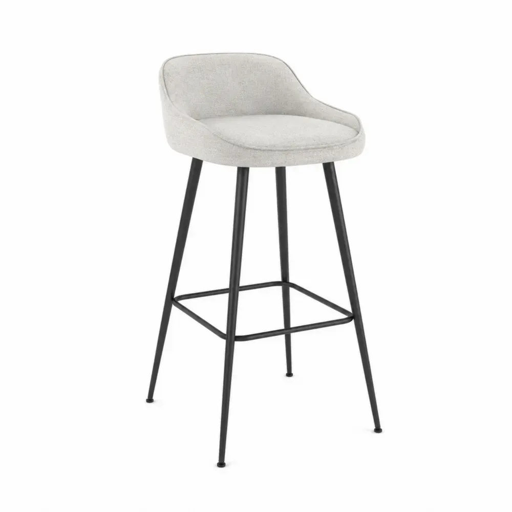 taburete de bar tapizado gris claro estructura de acero negro asiento acolchado con reposapiés cuadrado 95 cm