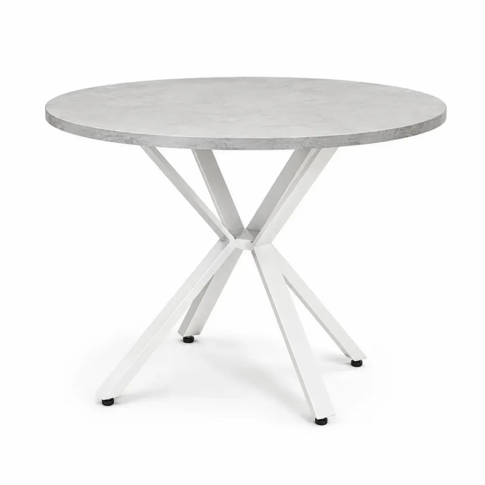 mesa de comedor redonda 120 cm piedra sinterizada efecto mármol gris base de acero blanco estructura cruzada