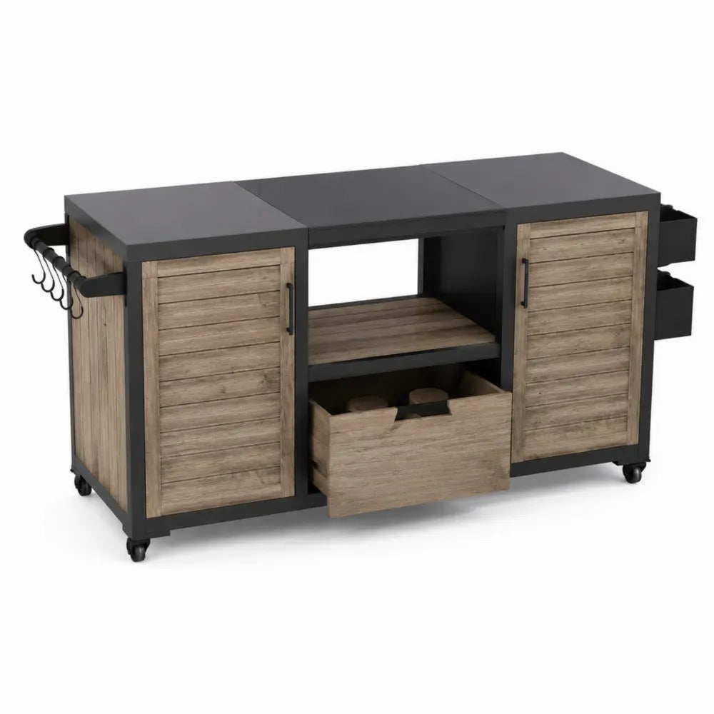 Carro de almacenamiento con ruedas madera negro metal 120x40x90 cm puertas cajón estante abierto barra lateral con ganchos estructura MDF y acero