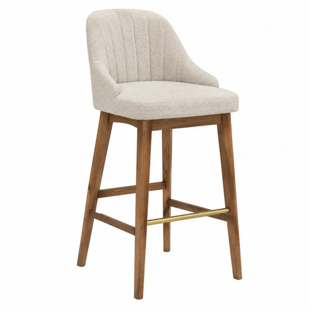 Taburete de bar de madera maciza de roble con respaldo tapizado asiento beige y reposapiés dorado 95 cm