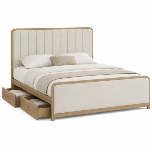 Cama tapizada con almacenamiento estructura MDF cabecero acolchado base de listones con 2 cajones 160 cm x 200 cm beige madera clara