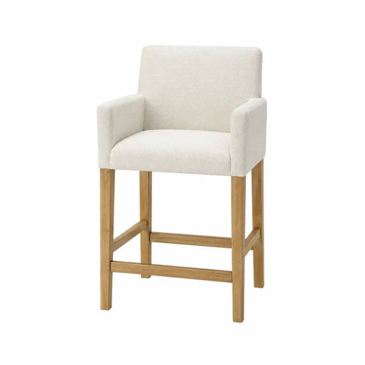 Taburete de bar con brazos respaldo rectangular tapizado en poliéster madera maciza natural y beige 95 cm