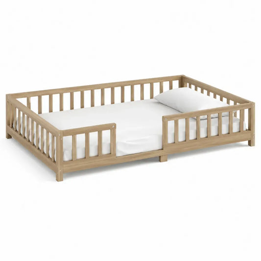 Cama infantil baja de madera maciza con barandillas de seguridad natural 90 x 200 cm