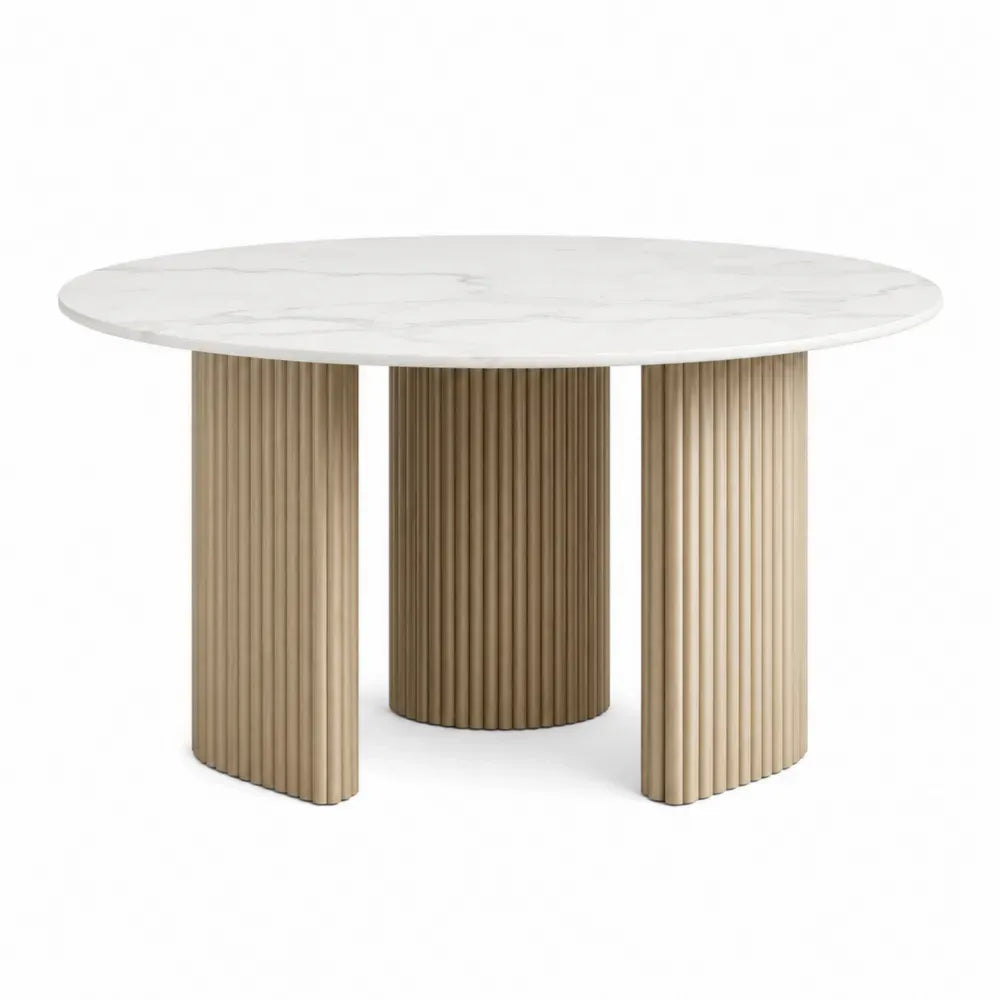 Mesa de comedor redonda de piedra sinterizada efecto mármol blanco con base acanalada beige 120 cm de diámetro x 75 cm