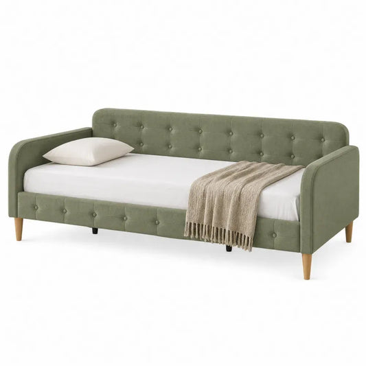Cama sofá tapizada rectangular con cabecero y brazos acolchados verde 90 x 200 cm