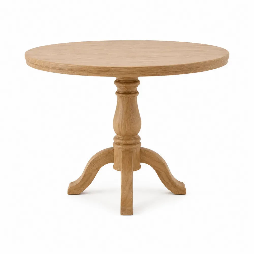 Mesa de comedor redonda de madera maciza estilo clásico con base pedestal tallada color madera natural 100 cm x 75 cm