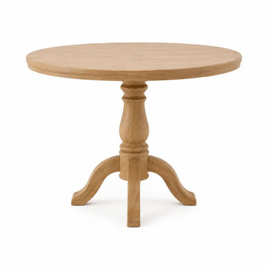 Mesa de comedor redonda de madera maciza estilo clásico con base pedestal tallada color madera natural 100 cm x 75 cm