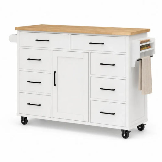 Carrito de cocina con encimera de madera blanco con cajones armario ruedas 120x46x90 cm estructura MDF y metal con almacenamiento lateral y toallero