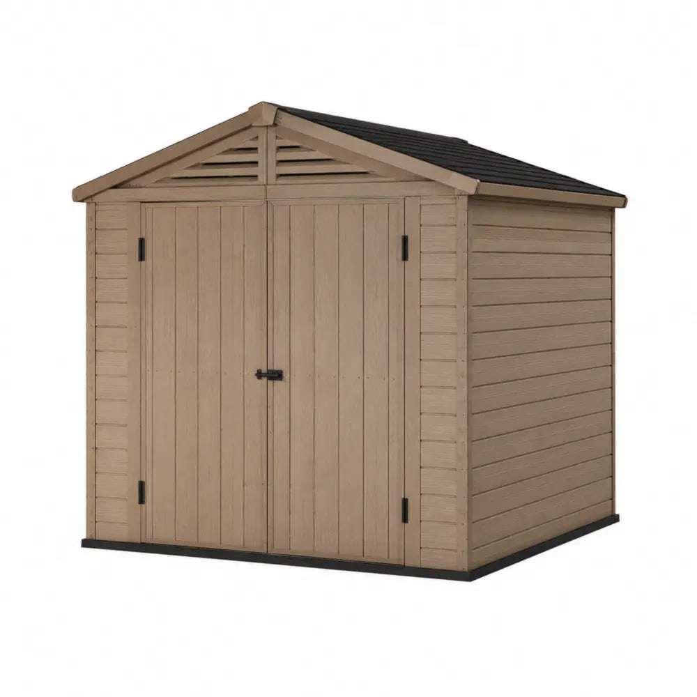 Caseta de jardín rectangular de PP beige efecto madera con techo negro a dos aguas y puerta doble 200 x 180 x 210 cm