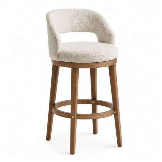 Taburete de bar de madera maciza de roble con respaldo abierto asiento redondo tapizado beige 95 cm
