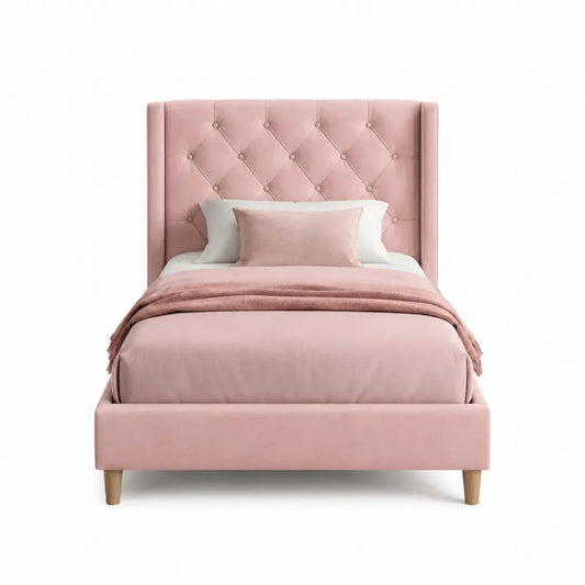 cama individual tapizada en color rosa empolvado con cabecero acolchado capitoné estructura de madera con patas 200 cm x 90 cm