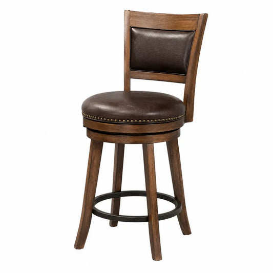 Taburete de bar con respaldo de madera asiento redondo tapizado en PU marrón estructura de roble 108 cm