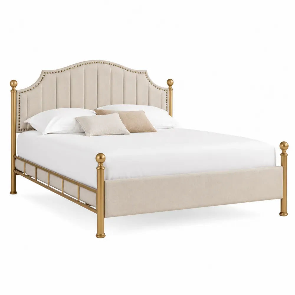 Cama matrimonial rectangular tapizada beige con cabecero acolchado y estructura metálica dorada 160 x 200 cm