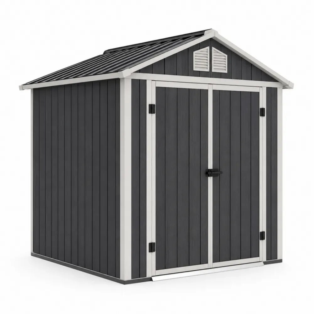 Caseta de almacenamiento exterior de resina gris oscuro con puertas dobles y techo a dos aguas resistente a la intemperie