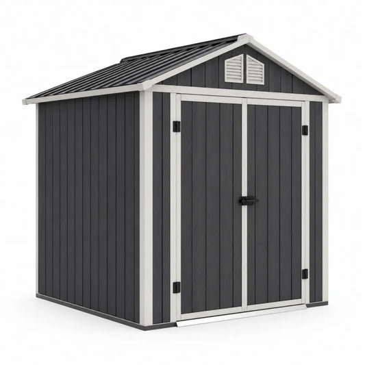 Caseta de almacenamiento exterior de resina gris oscuro con puertas dobles y techo a dos aguas resistente a la intemperie