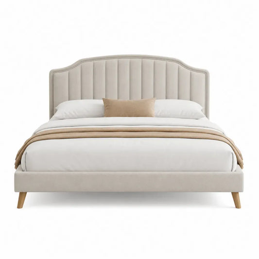 Cama tapizada estructura de madera con cabecero acolchado curvo base de somier de láminas madera color beige patas madera clara 160 cm x 200 cm