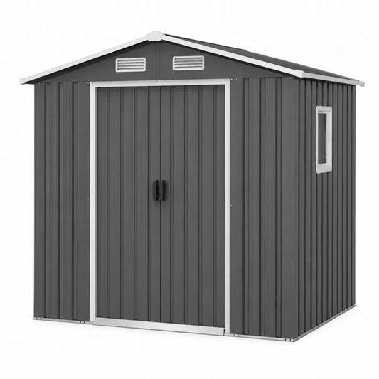 Caseta de almacenamiento exterior rectangular de acero galvanizado gris oscuro con puerta doble y techo a dos aguas 210 x 130 x 185 cm