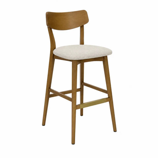 taburete de bar madera natural asiento tapizado beige respaldo madera reposapiés metálico dorado altura 75 cm