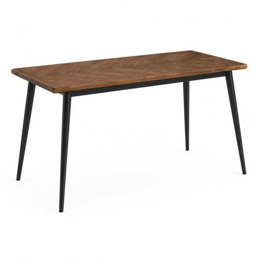 Mesa de comedor rectangular de MDF efecto nogal con patas de acero negro inclinadas 140 x 80 x 75 cm