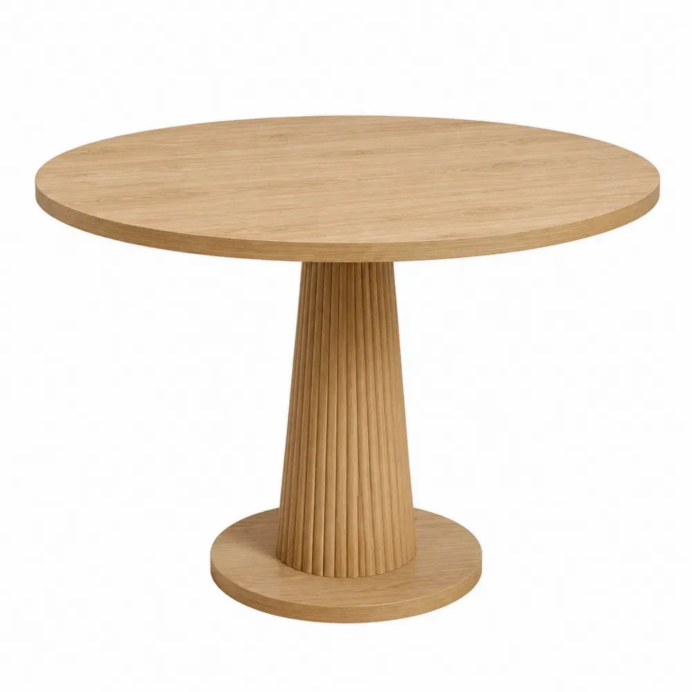 Mesa de comedor redonda de madera de ingeniería chapada en roble base pedestal estriada color roble natural 120 cm x 75 cm