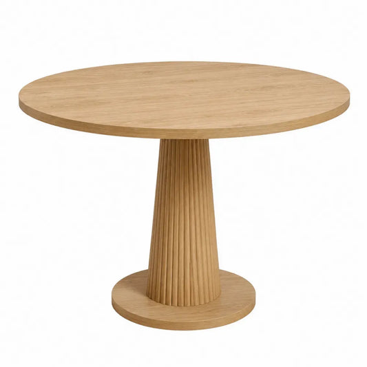 Mesa de comedor redonda de madera de ingeniería chapada en roble base pedestal estriada color roble natural 120 cm x 75 cm