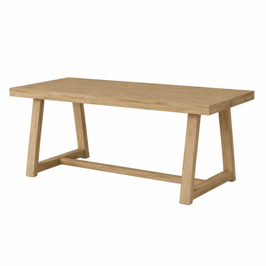 Mesa de comedor rectangular de MDF efecto roble claro con patas tipo caballete y travesaño 160 x 80 x 75 cm