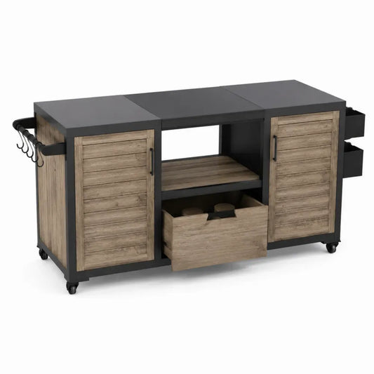 Carro de almacenamiento con ruedas madera negro metal 120x40x90 cm puertas cajón estante abierto barra lateral con ganchos estructura MDF y acero