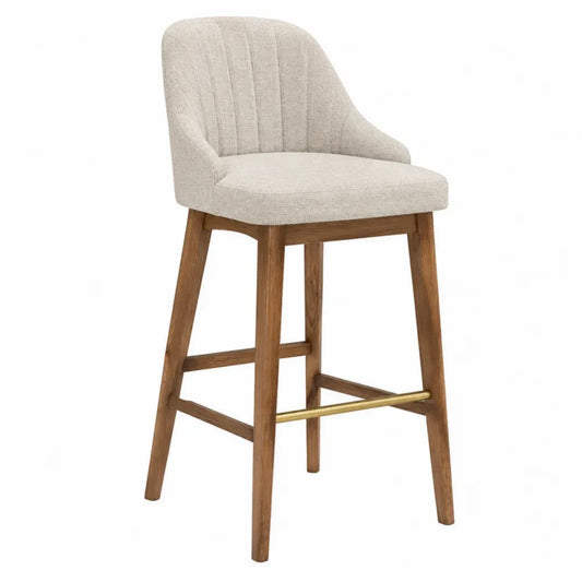 Taburete de bar de madera maciza de roble con respaldo tapizado asiento beige y reposapiés dorado 95 cm