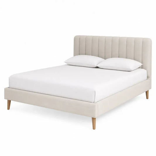 cama tapizada matrimonio estructura MDF cabecero acolchado tejido poliéster color beige patas madera sin tamaño especificado